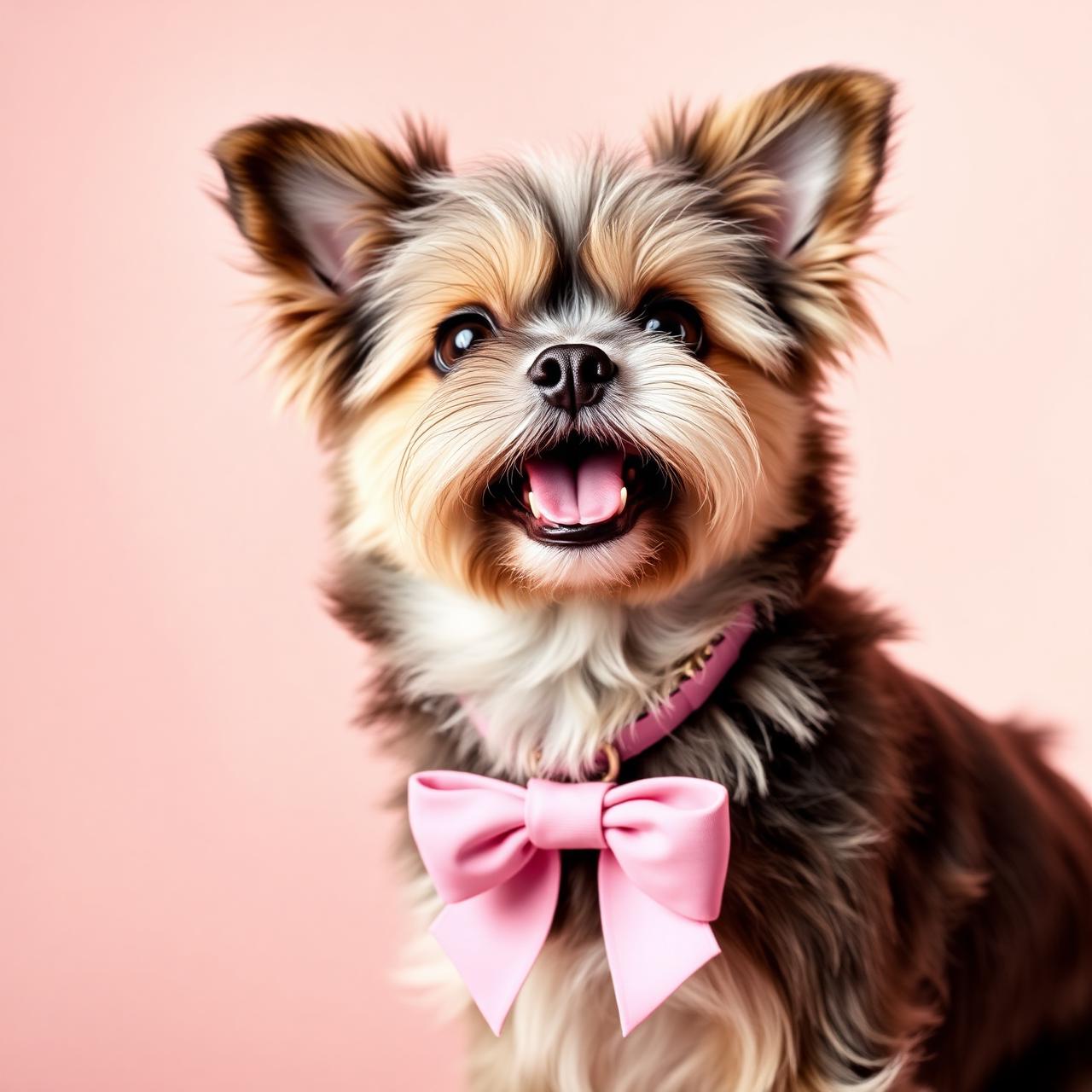 Perrito peluqueado feliz con lazo rosa